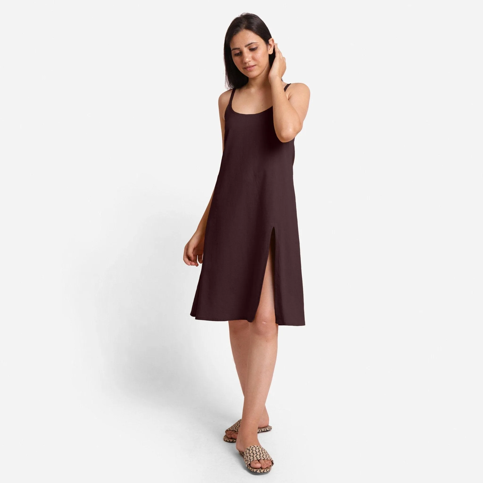 Brown Strappy Cotton Flax Knee Length Slit Dress