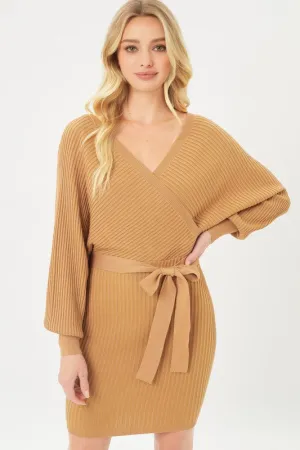 Camel Off Shoulder Wrap Belted Ribbed Knit Dress