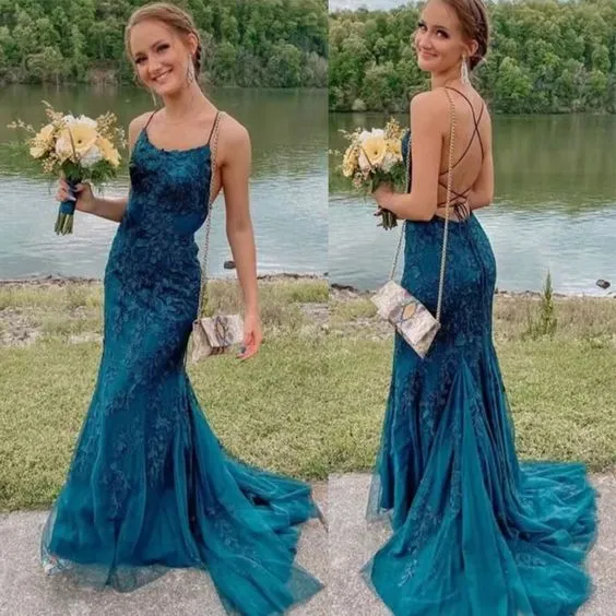 Cheap Mermaid Lace 2025 Prom Dresses Corset Dark Teal  Long Formal Dress