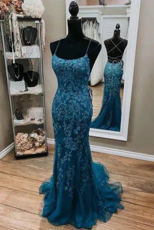 Cheap Mermaid Lace 2025 Prom Dresses Corset Dark Teal  Long Formal Dress