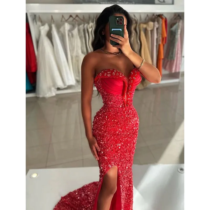 Chic & Modern Strapless Beaded Red Long Formal Dress Floor Length