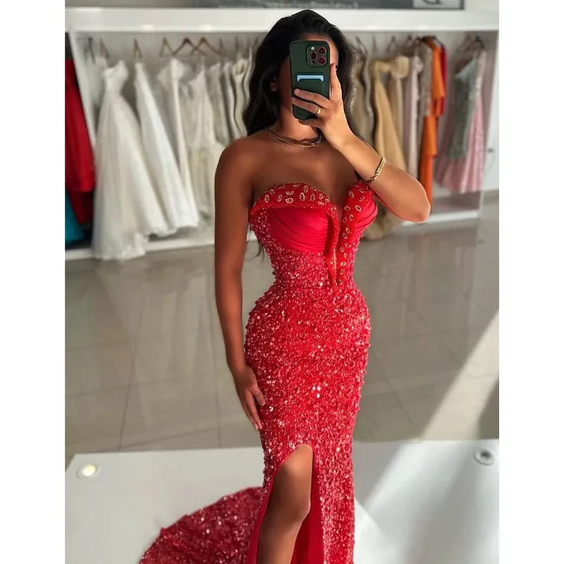 Chic & Modern Strapless Beaded Red Long Formal Dress Floor Length