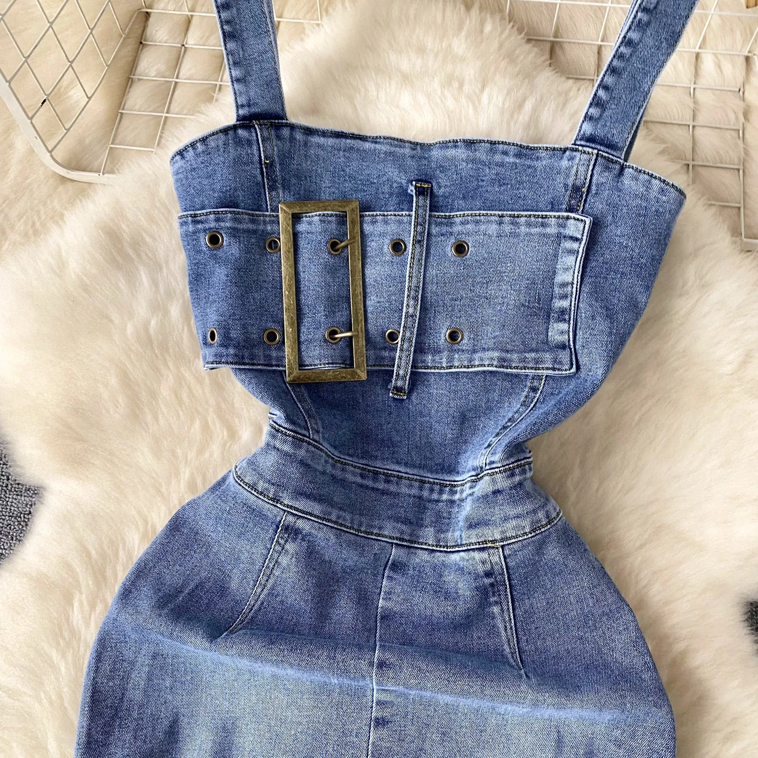 Chic Buckled Denim Slip Dress