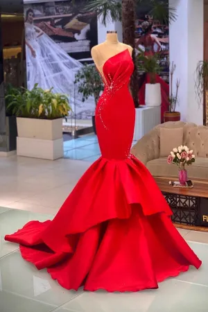 Chic Long Mermaid Bateau Satin Red Prom Dress