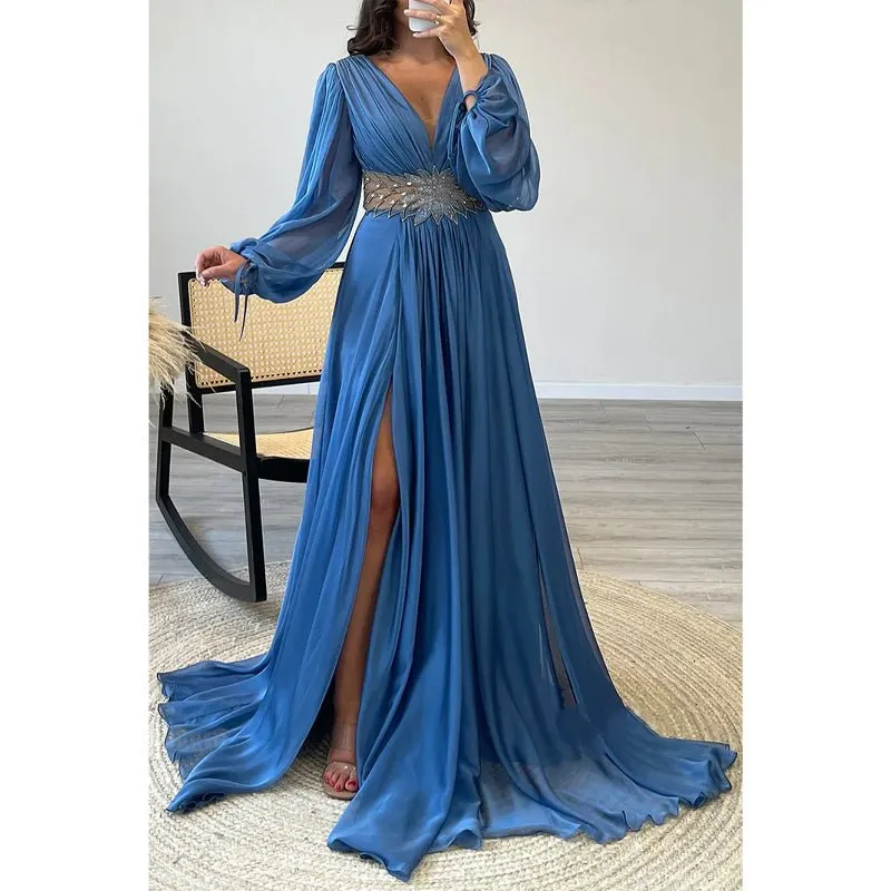 Chic V-neck Long Sleeve Beaded Waist A-line Long Prom Formal Dress