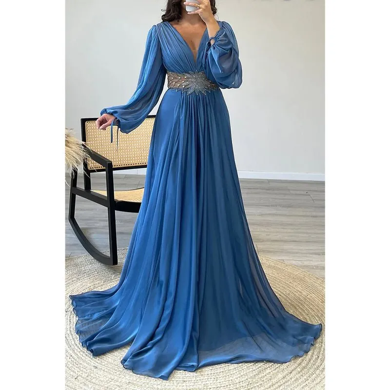 Chic V-neck Long Sleeve Beaded Waist A-line Long Prom Formal Dress