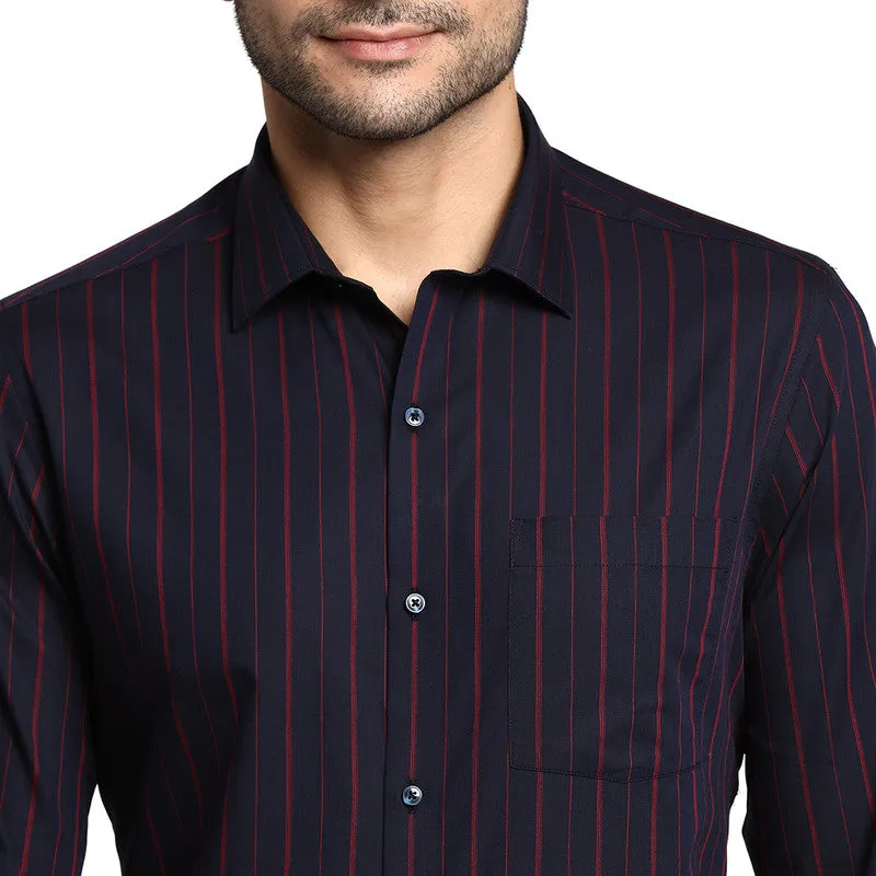 Cotton Navy Blue Slim Fit Striped Formal Shirts