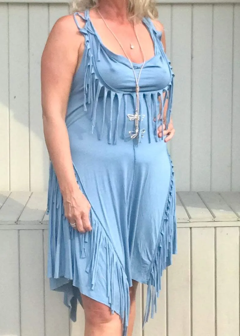 Cotton Tassle Sundress in Blue Made In Italy By Feathers Of Italy