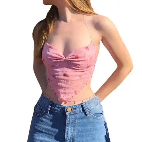 Cute Flower Mesh Halter Tank Tops