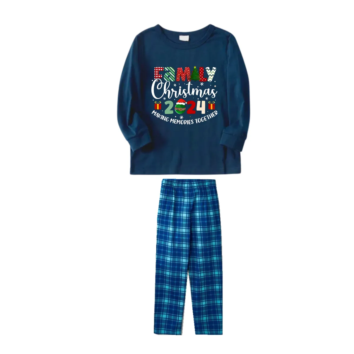 Cute "Family Christmas 2024" Pattern Printed Blue Plaid Christmas Matching Pajamas