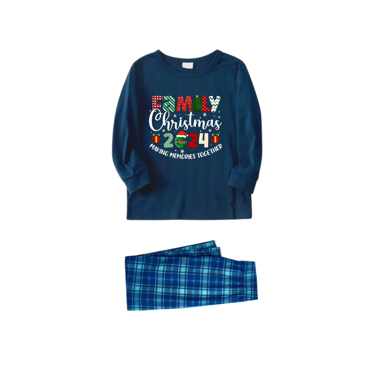 Cute "Family Christmas 2024" Pattern Printed Blue Plaid Christmas Matching Pajamas