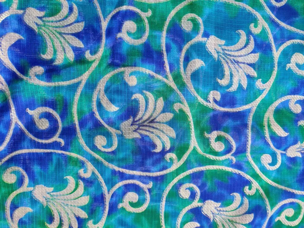 Dark Blue Green Floral Golden Foil Polyester Kota Doria Fabric