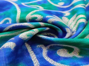 Dark Blue Green Floral Golden Foil Polyester Kota Doria Fabric