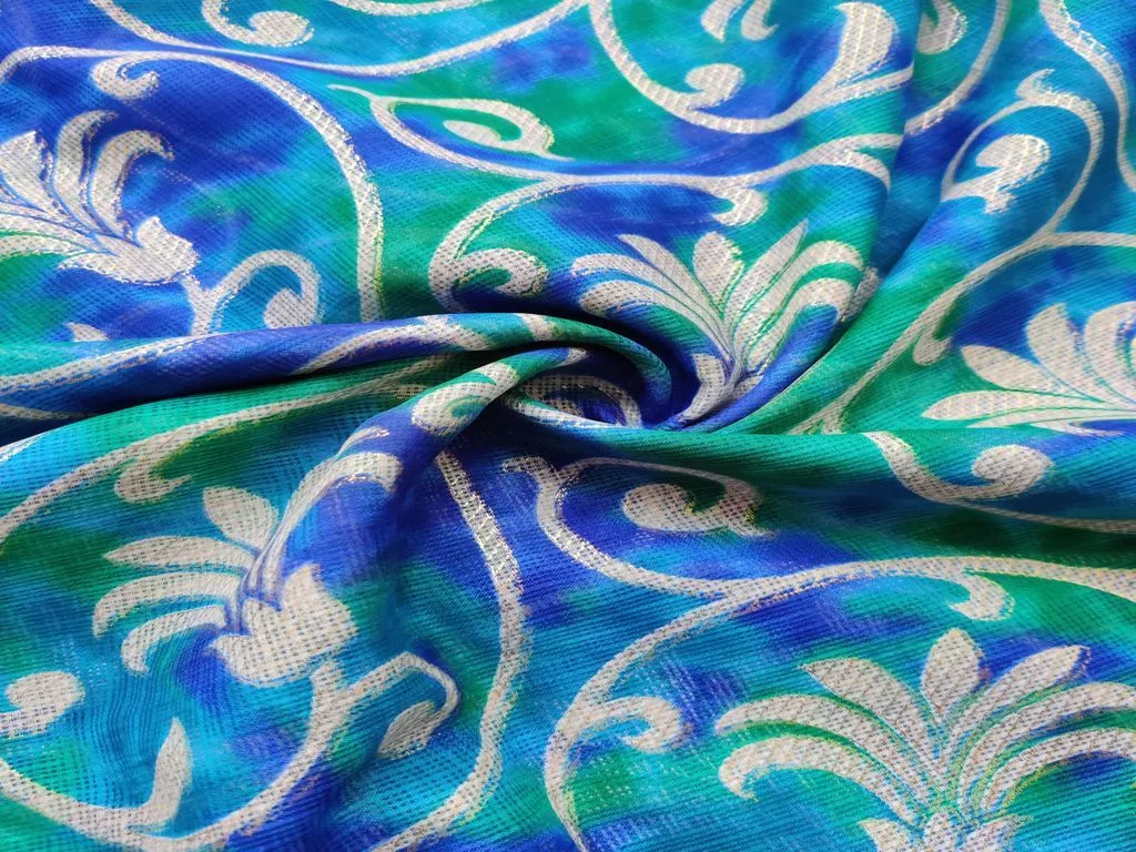 Dark Blue Green Floral Golden Foil Polyester Kota Doria Fabric