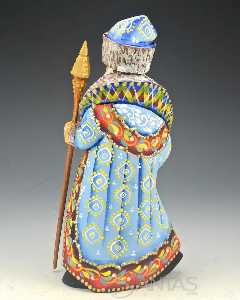 Decorative Blue Russian Santa with Staff and Toy Bag 7.5 inches