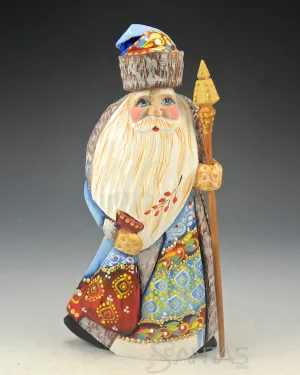 Decorative Blue Russian Santa with Staff and Toy Bag 7.5 inches