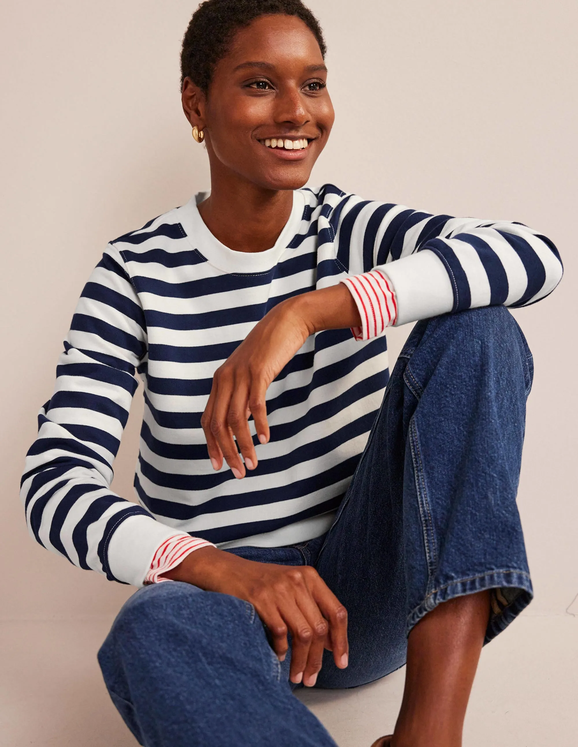 Deep Rib Boxy Sweatshirt-French Navy, Ivory Stripe