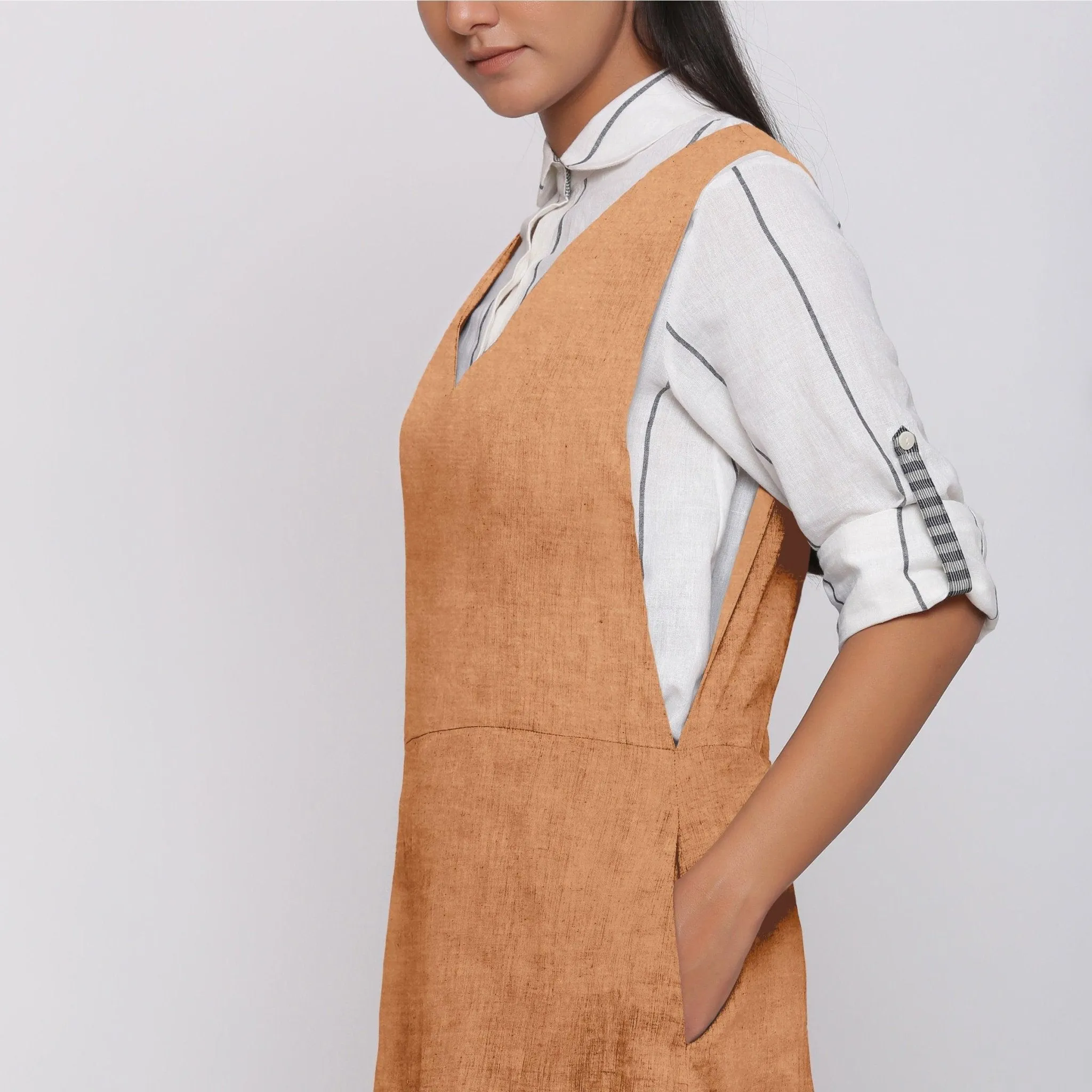 Desert Yellow 100% Linen V-Neck Midi Pinafore Dress