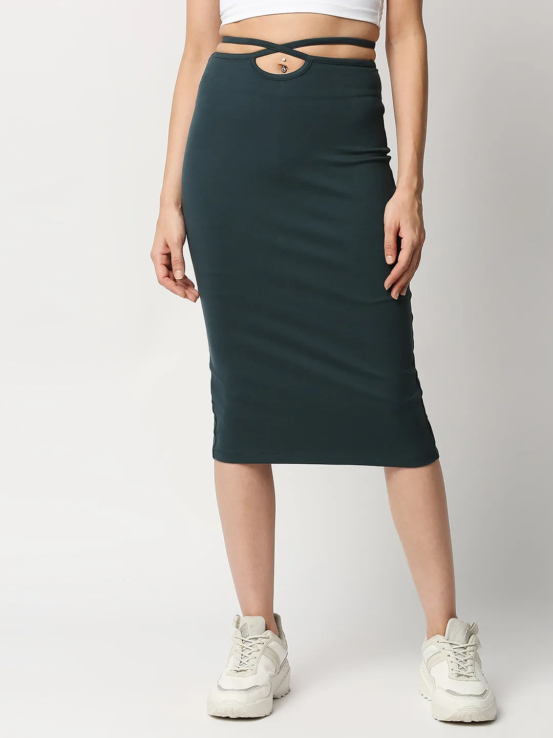 Disrupt Women Green Tie-up Slim Fit Stretchable Pencil Skirt