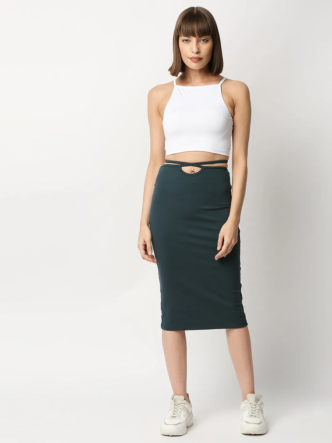 Disrupt Women Green Tie-up Slim Fit Stretchable Pencil Skirt