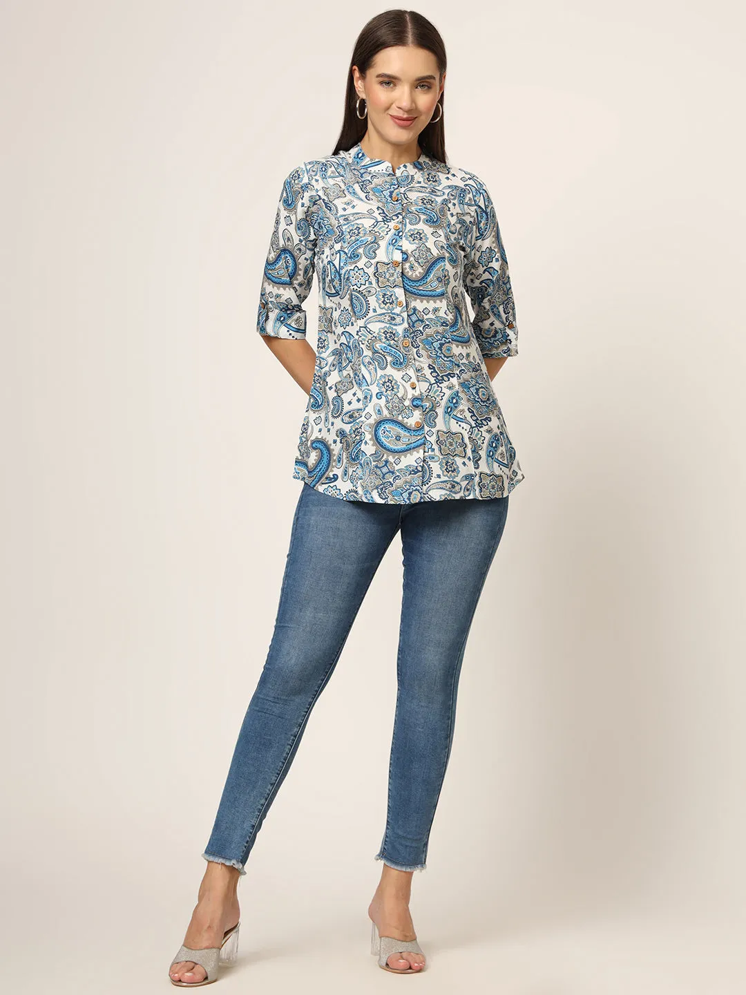 Divena White & Blue Printed Rayon Fabric Shirt Style Top