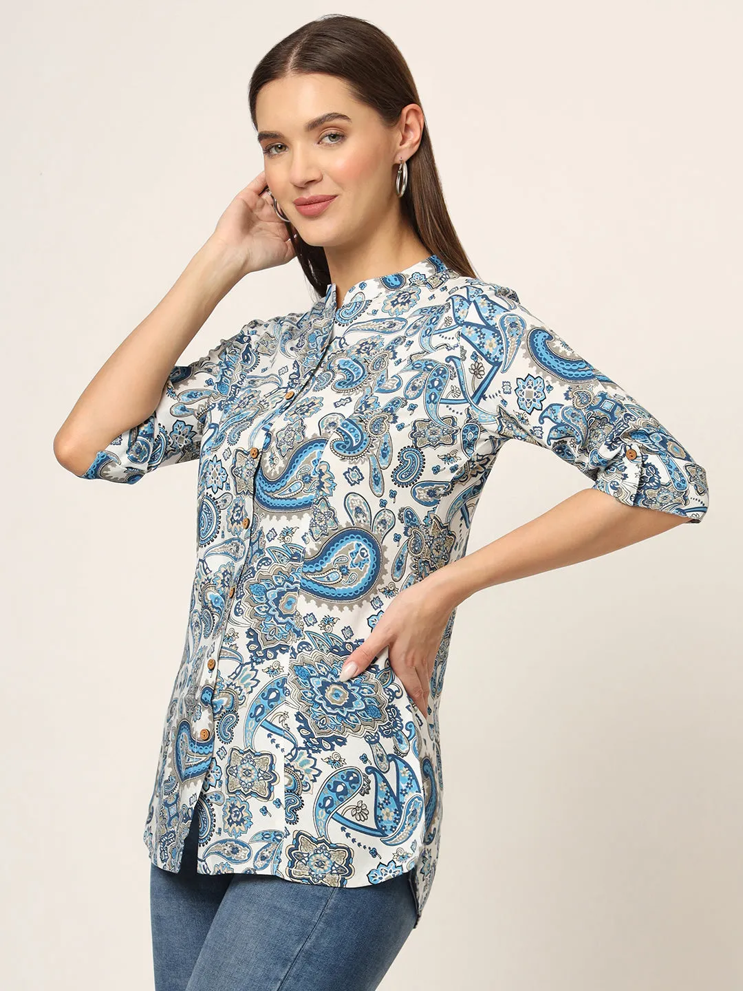 Divena White & Blue Printed Rayon Fabric Shirt Style Top