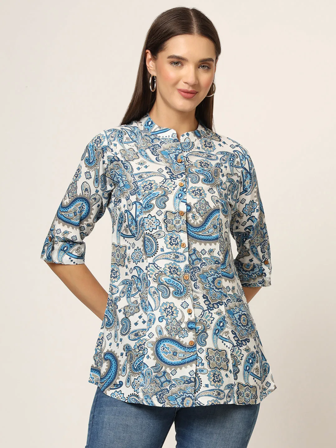 Divena White & Blue Printed Rayon Fabric Shirt Style Top