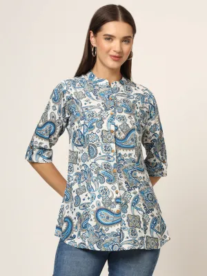 Divena White & Blue Printed Rayon Fabric Shirt Style Top