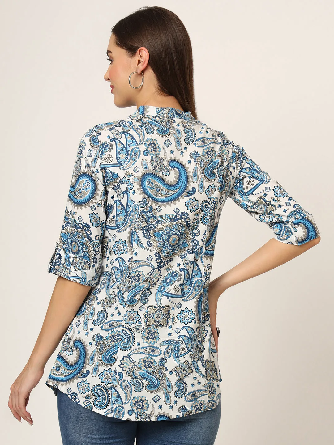 Divena White & Blue Printed Rayon Fabric Shirt Style Top