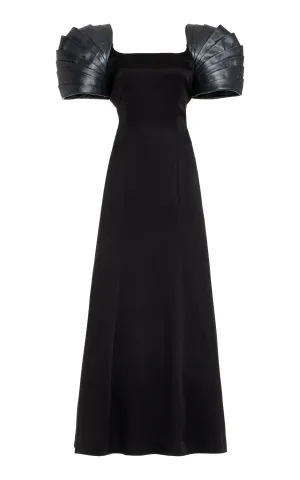 Duchess Dress in Black Silk Satin with Metallic Nappa Leather Shoulders