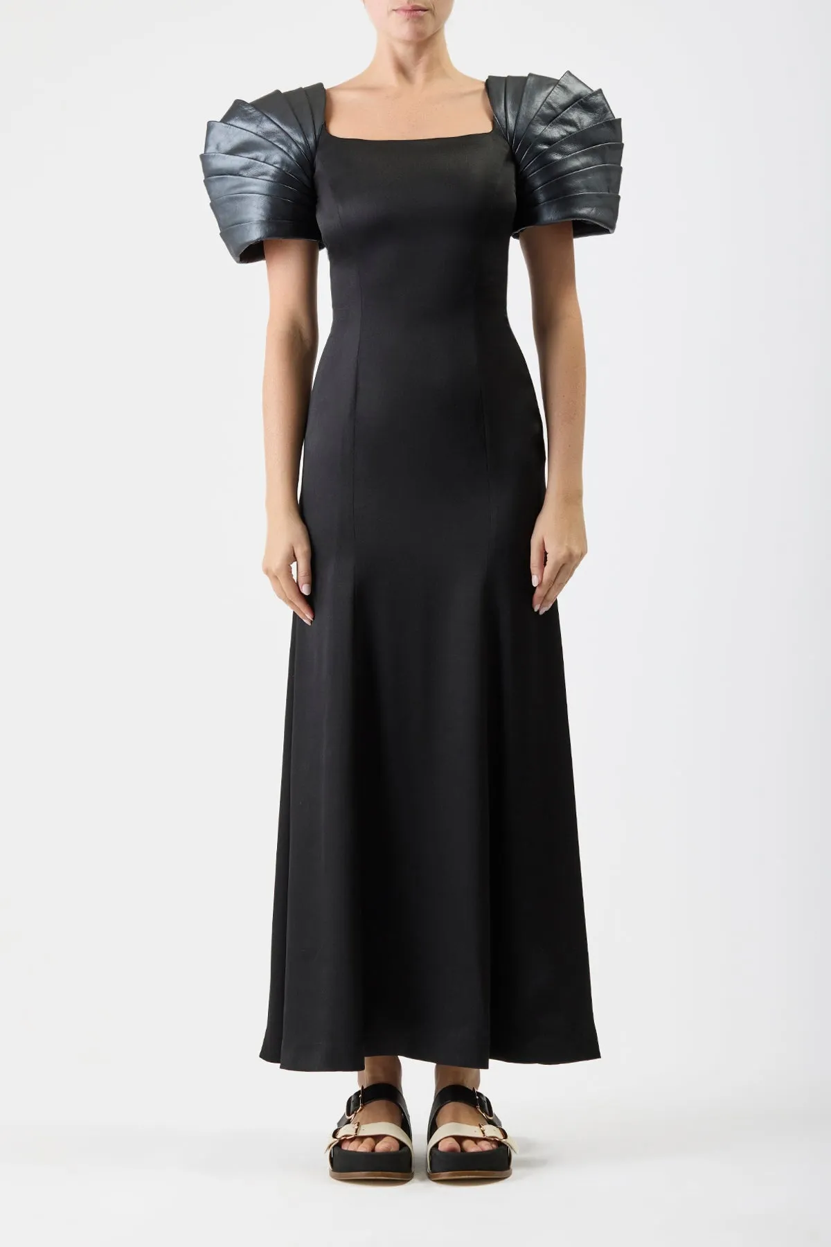 Duchess Dress in Black Silk Satin with Metallic Nappa Leather Shoulders