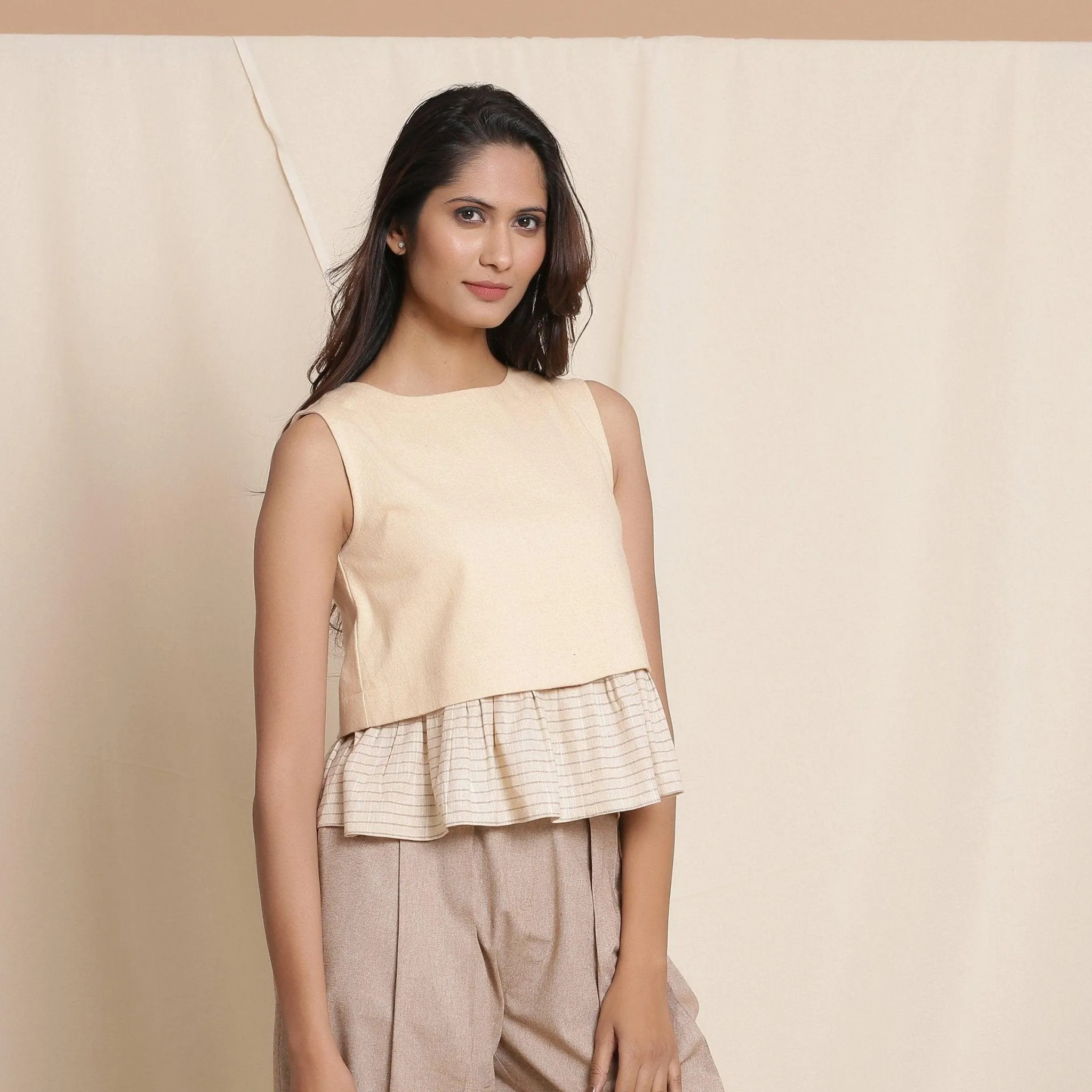 Dusk Beige Warm Cotton Flannel Frill Yoked Top