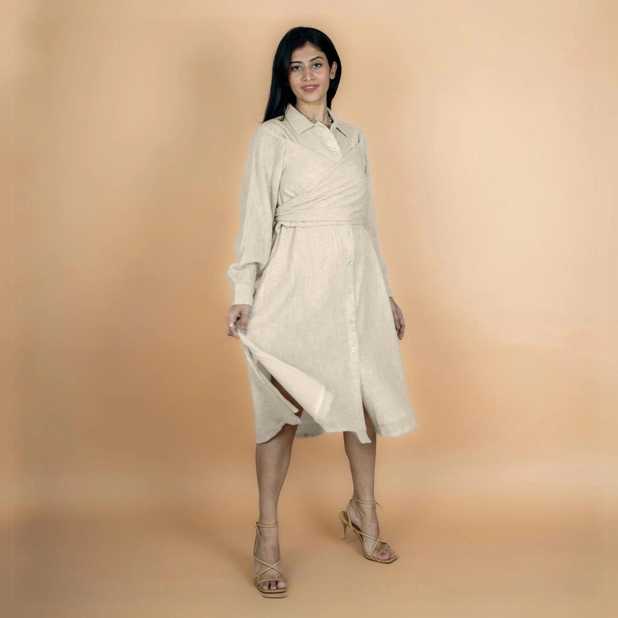 Ecru Undyed Crinkled Cotton Flax Button-Down Midi Wrap Dress