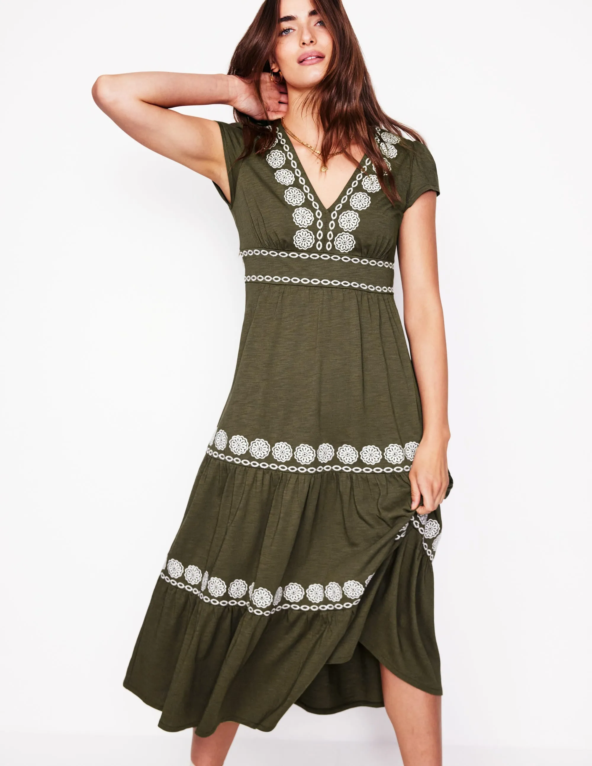 Eloise Embroidered Midi Dress-Classic Khaki