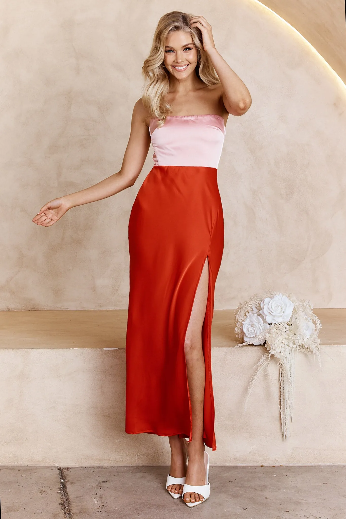 Everlee Strapless Split Midi Dress Pink