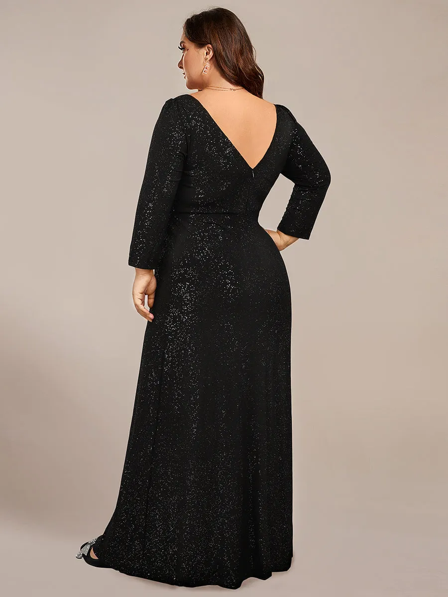 ExquisitePlus Size Split Floor Length V Neck Long Sleeves Wholesale Evening Dress