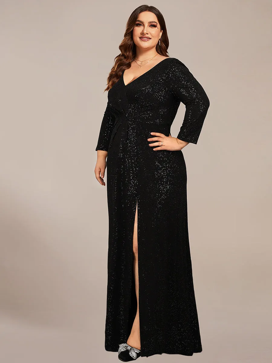 ExquisitePlus Size Split Floor Length V Neck Long Sleeves Wholesale Evening Dress