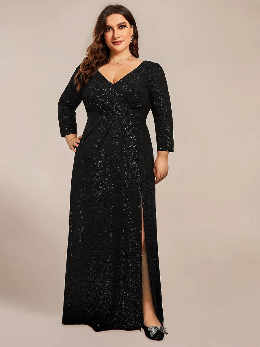 ExquisitePlus Size Split Floor Length V Neck Long Sleeves Wholesale Evening Dress