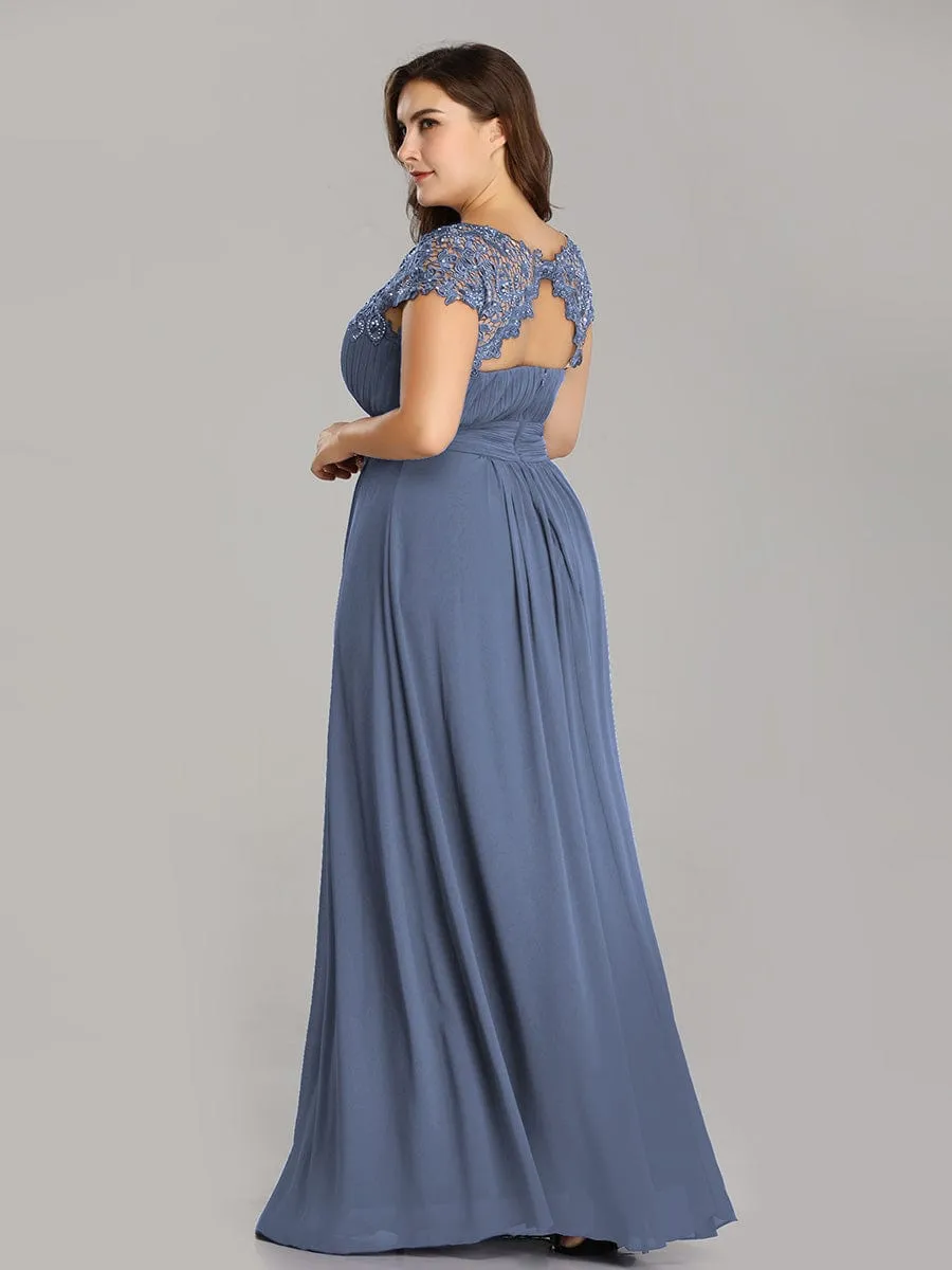 Flattering A-Line Chiffon Lace Dress with Cap Sleeve in Dusty Blue