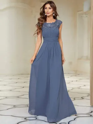 Flattering A-Line Chiffon Lace Dress with Cap Sleeve in Dusty Blue