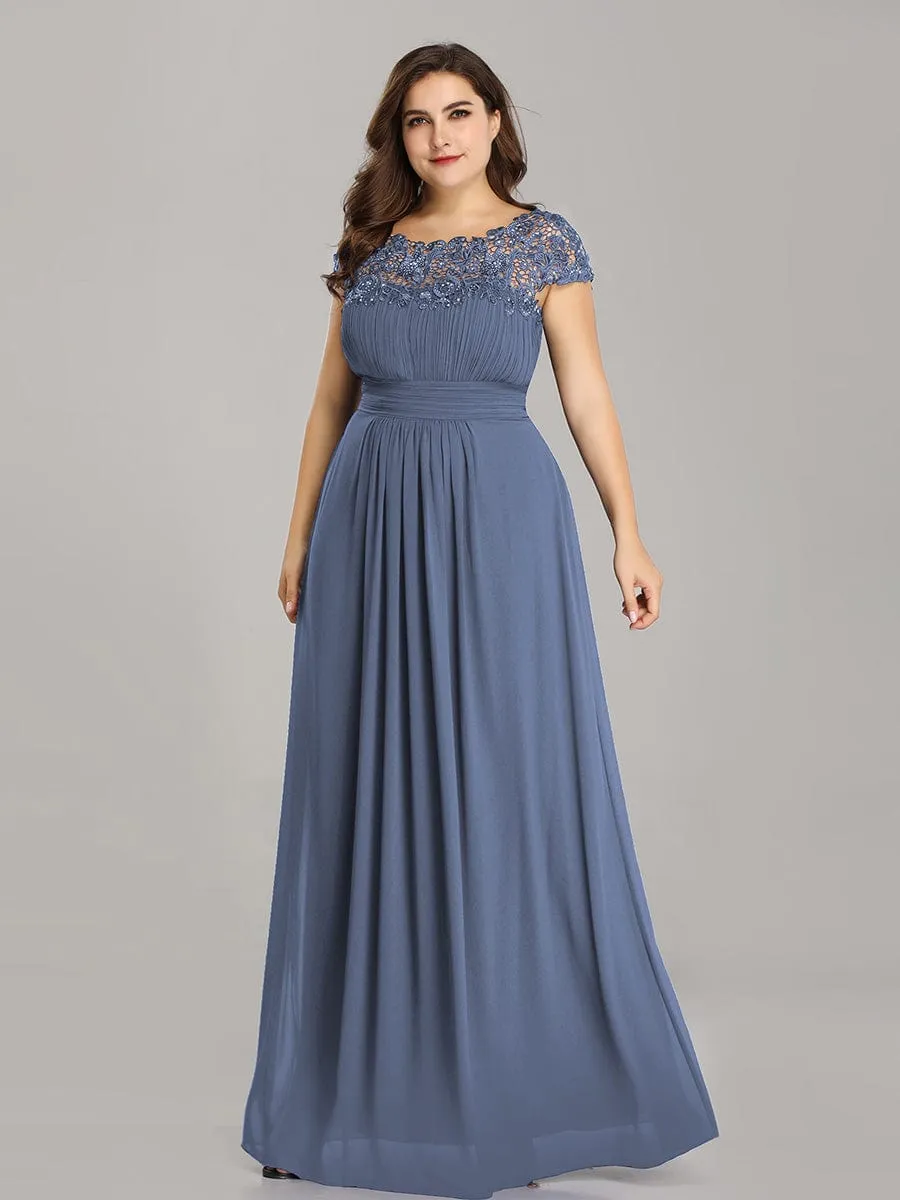 Flattering A-Line Chiffon Lace Dress with Cap Sleeve in Dusty Blue