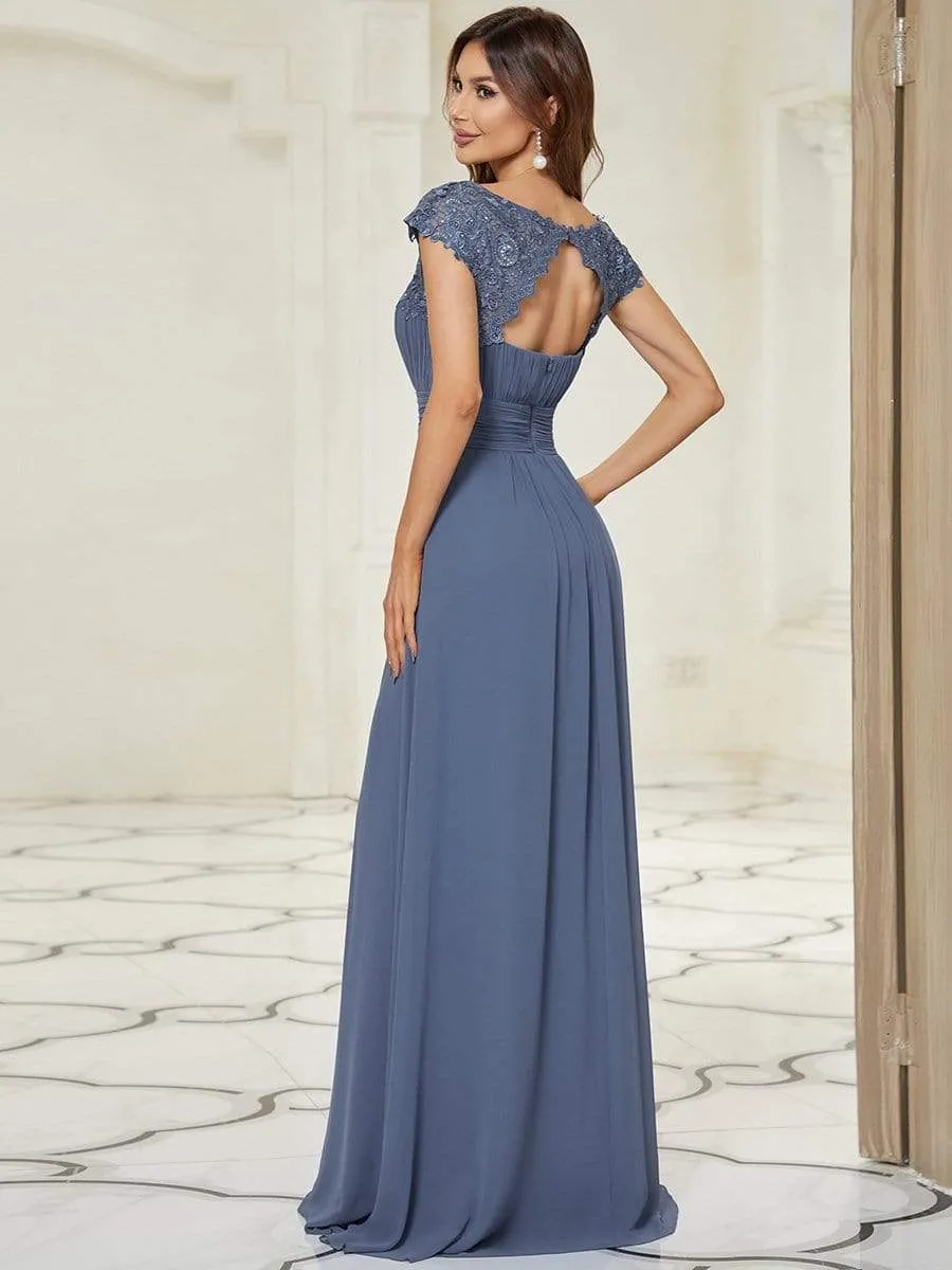 Flattering A-Line Chiffon Lace Dress with Cap Sleeve in Dusty Blue