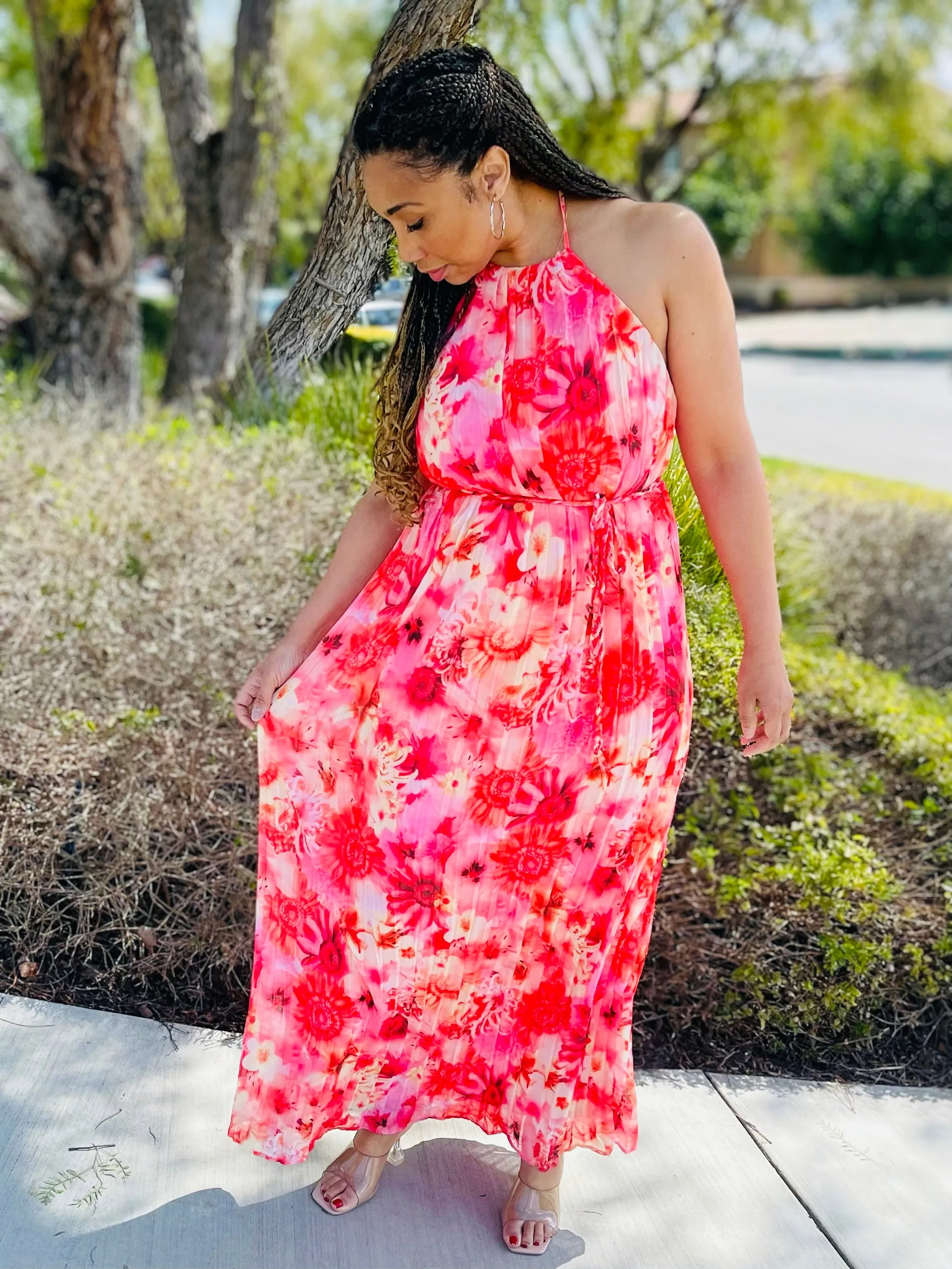 Floral Pleated Maxi Dress