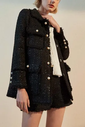 Fringe Trim Black Little Tweed Jacket