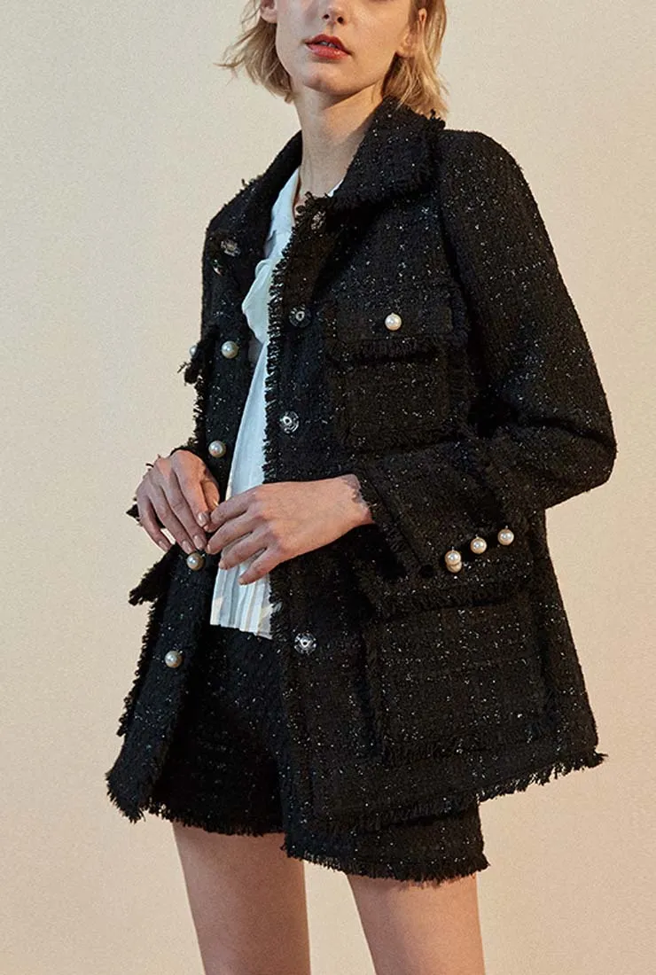 Fringe Trim Black Little Tweed Jacket