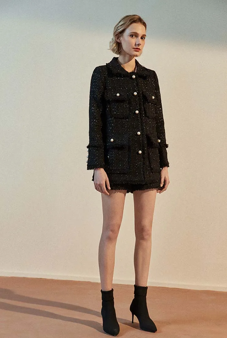 Fringe Trim Black Little Tweed Jacket