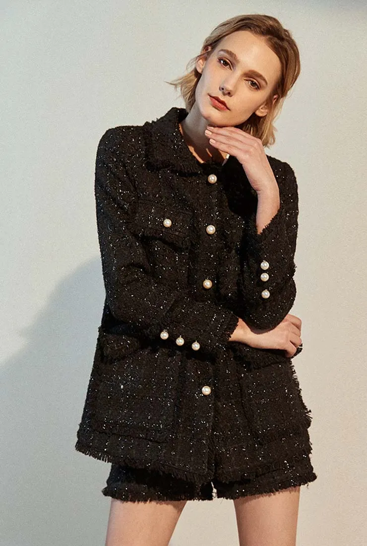 Fringe Trim Black Little Tweed Jacket