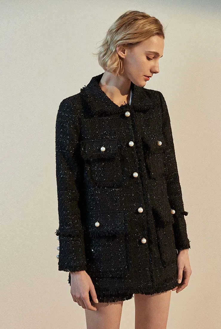 Fringe Trim Black Little Tweed Jacket