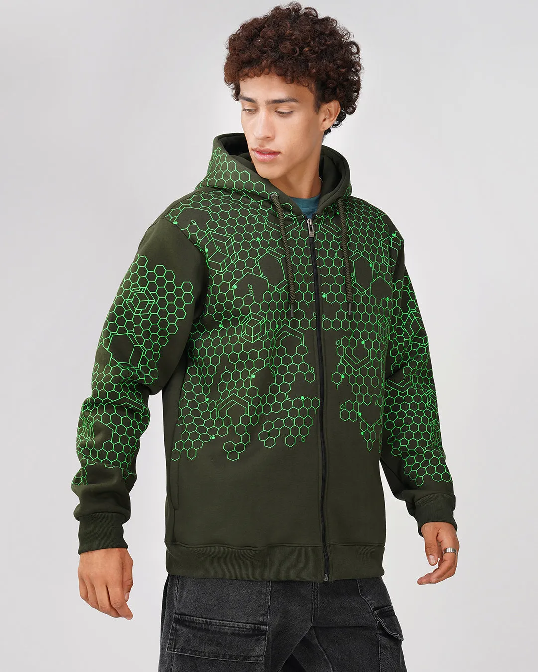 Geometric Hexagon | Zip-Up Cotton Hoodie UV Light Reactive