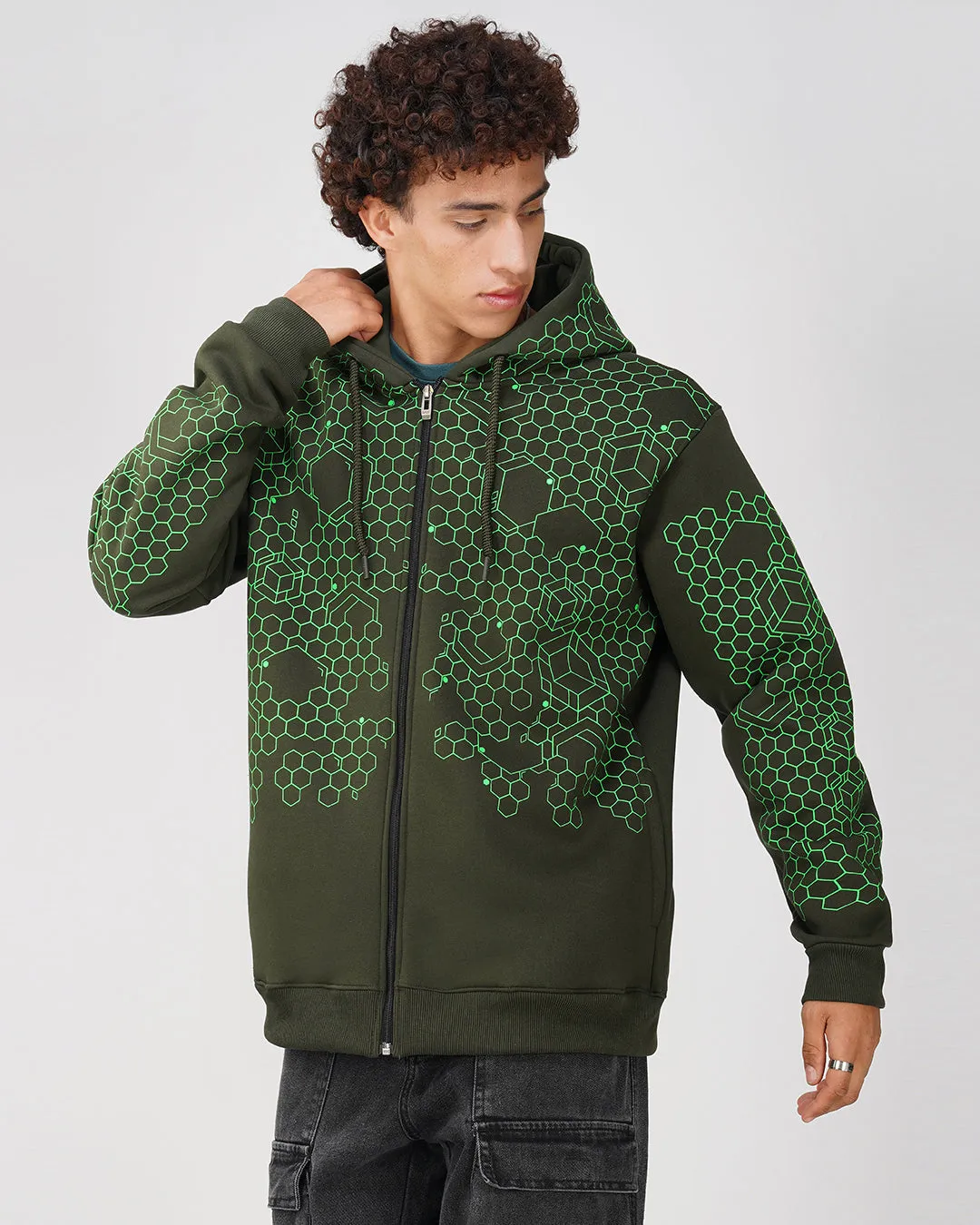 Geometric Hexagon | Zip-Up Cotton Hoodie UV Light Reactive